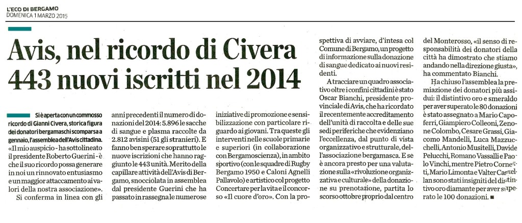 Eco di Bergamo 1 marzo Assemblea Annuale Avis Comunale Bergamo